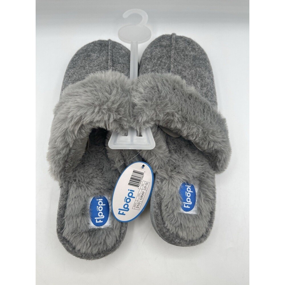 FLOOPI Women's GRAY FELT FAUX FUR Indoor/Outdoor Memory Foam Slippers 9-10